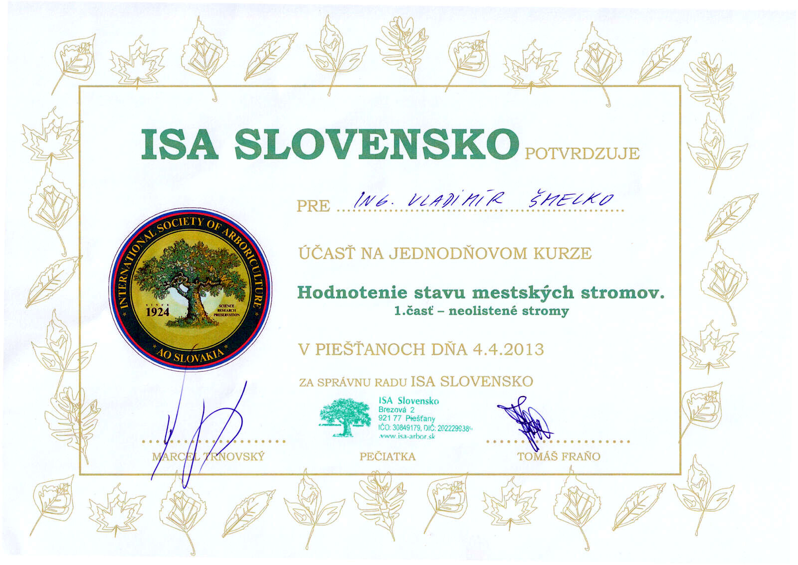 Certifikát Hodnotenie stavu mestských stromov
